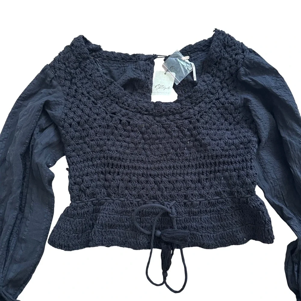Free People Black Crochet Peplum Crop Top Long Sleeve OB1486571 XS NEW